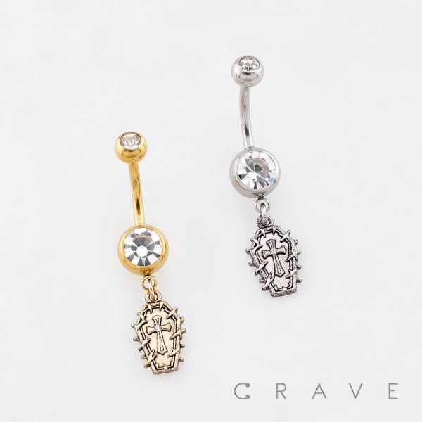 DANGLING COFFIN CHARM WITH AN EMBOSSED CROSS BELLY BUTTON NAVEL RING 316L SURGICAL STEEL